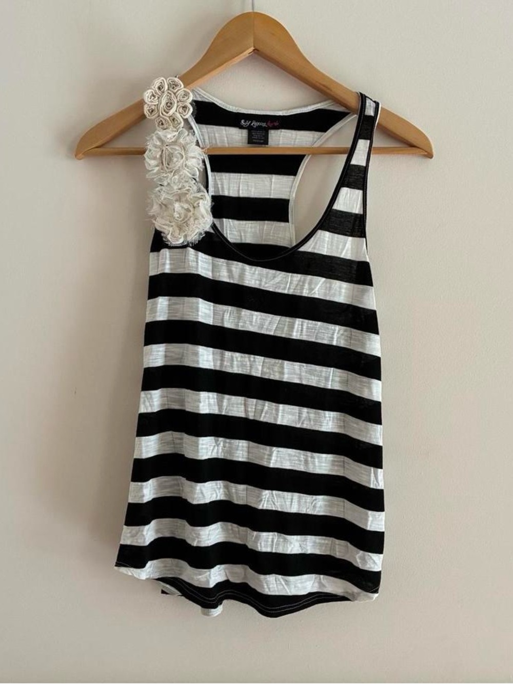 Vintage Y2K Self Esteem Black & White Striped Floral-Shoulder Tank Top